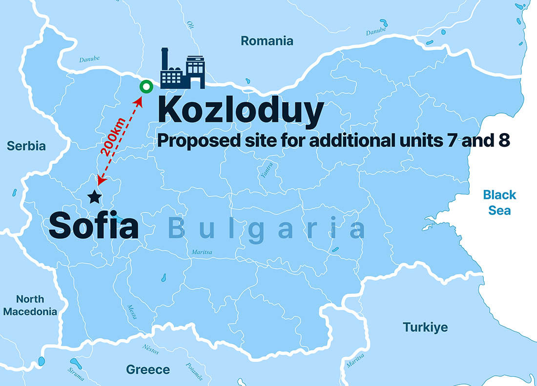 Location Nap of Kozloduy Nuclear Power Plant, Bulgaria Proposed site for additional units 7 and 8, Sofia, Serbia, North Macedonia, Greece, Turkiye, Black Sea, Romania